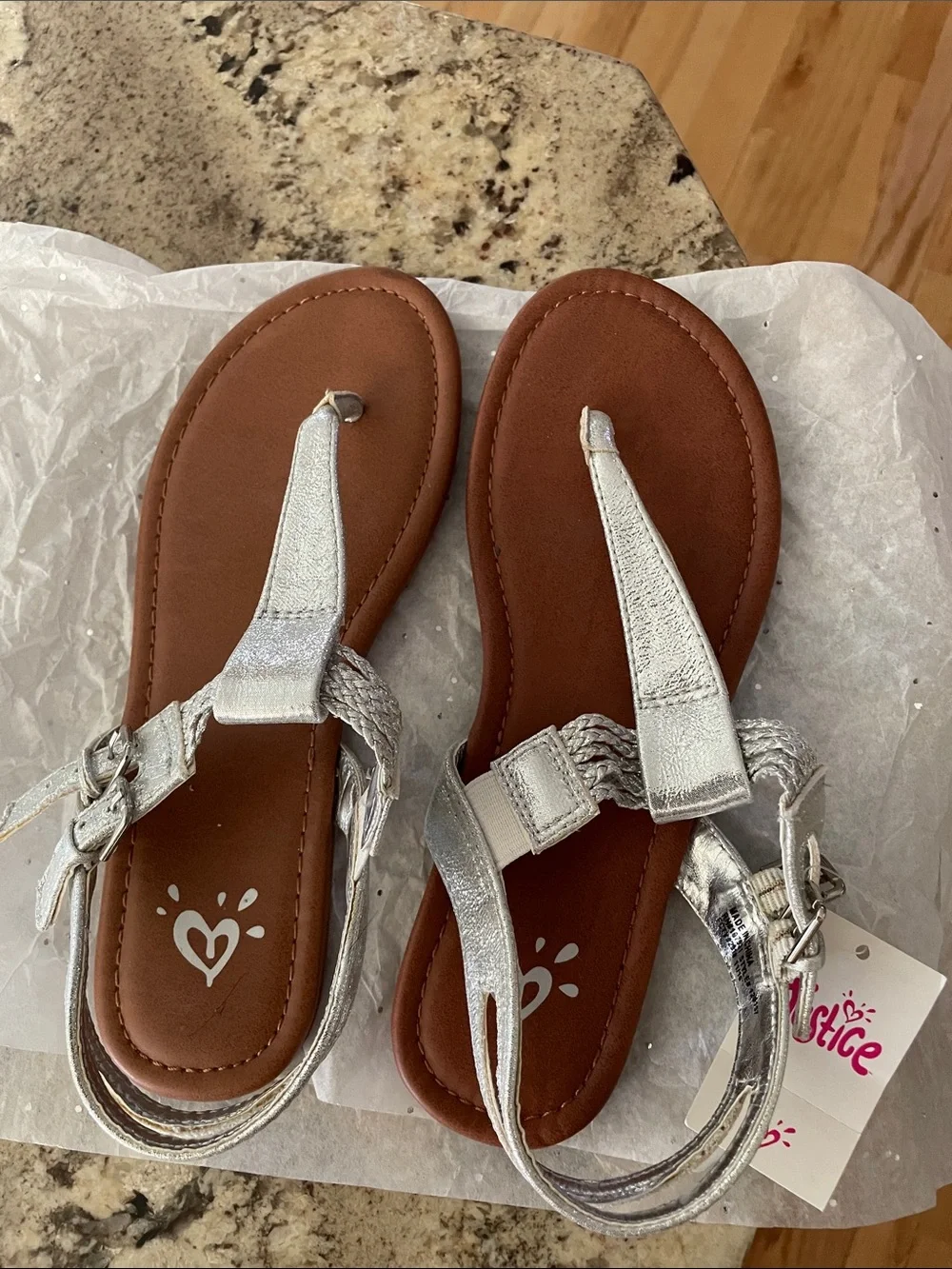 NWT Girls Justice Silver Braided T-Strap Sandals with Brown Footbed